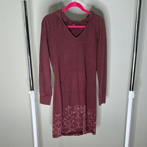 Prana Long Sleeve Hooded Dress in Burgundy with Floral Design